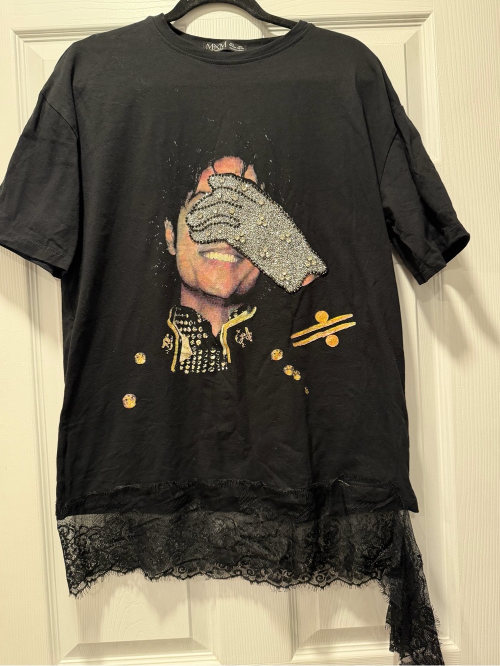 Michael Jackson Embellished Black Graphic Tee with Lace Hem